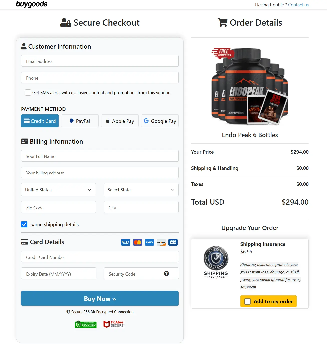 Endopeak checkout page